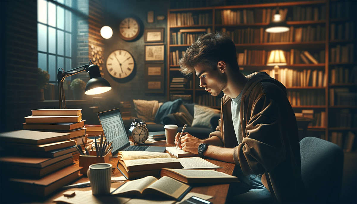 Man studying with intense focus